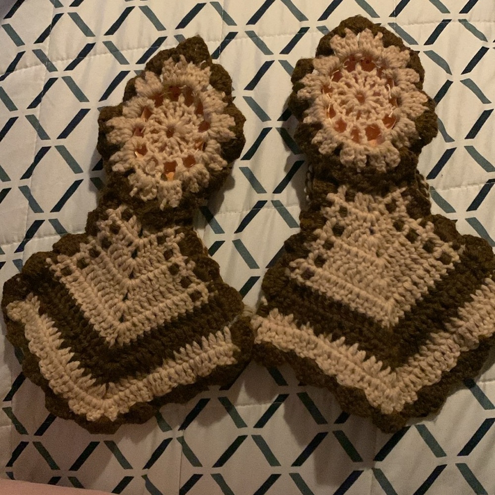 2 vintage doll face handmade crocheted pot holders from 70s-60s brown tan - Picture 4 of 4